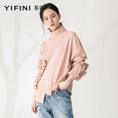 Yifini/易菲不规则下摆长袖宽松立领卫衣女春秋新款纯棉上衣商品大图