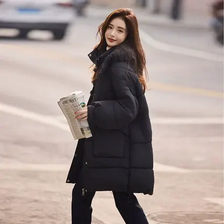 时尚气质棉服2023年冬季新款女百搭连帽韩版通勤中长款加厚棉外套商品大图