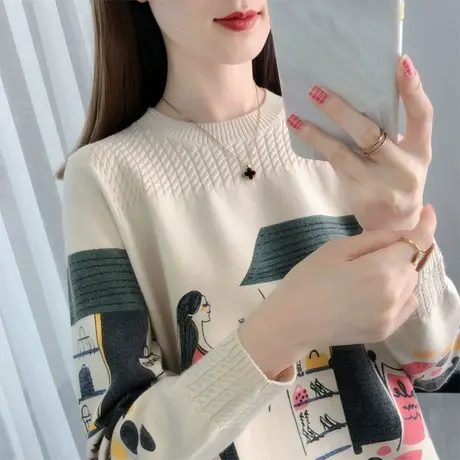 圆领宽松打底衫2025年春季新款女套头上衣针织衫女士洋气毛衣外穿商品大图