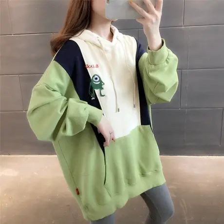 2023秋装新款韩版宽松慵懒风拼色刺绣时尚连帽卫衣女套头上衣女潮商品大图