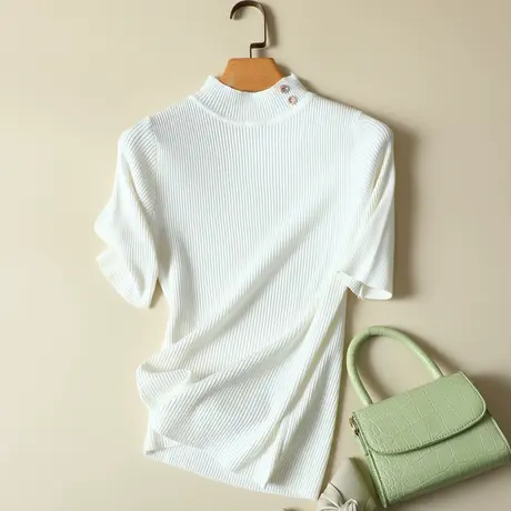 清仓！春装新款半高领打底衫女短袖针织衫内搭薄款毛衣短款上衣图片