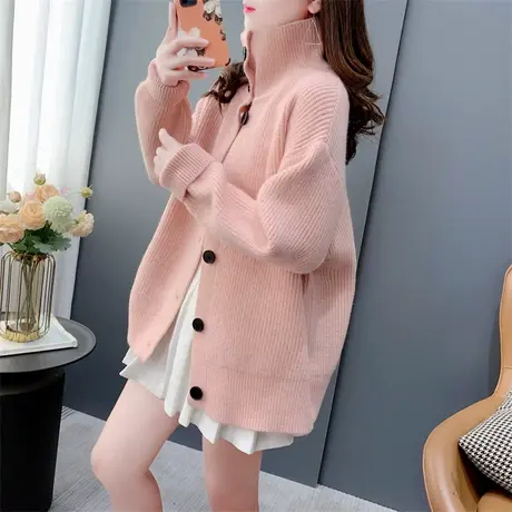 2023年春秋新款单排扣简约高领毛衣女宽松百搭加厚慵懒风针织外套商品大图