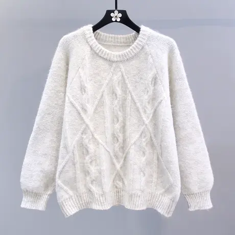 复古加厚麻花圆领套头毛衣女秋冬2023新款慵懒风宽松打底针织衫商品大图