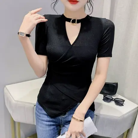 设计感交叉V领T恤女短袖下摆不规则性感镂空辣妹上衣气质紧身小衫商品大图
