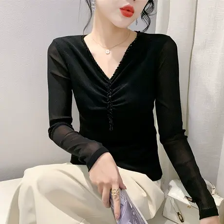 网纱V领T恤女长袖性感镂空褶皱钉珠加绒上衣欧货洋气修身透气小衫图片