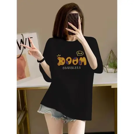 黑色欧货潮牌小熊印花纯棉短袖t恤大码女装遮肚子显瘦宽松上衣服商品大图