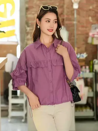 荷叶边五分袖衬衫女2023初秋新款洋气高级感衬衣宽松显瘦上衣ins商品大图