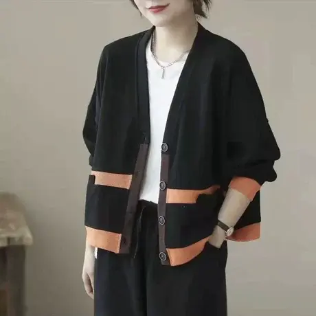 文艺减龄拼色棉质V领短外套女秋冬新款宽松大码长袖开衫卫衣上衣图片