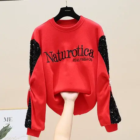 减龄字母印花亮片拼接圆领红色卫衣欧洲站2023春季女装新款欧货潮商品大图