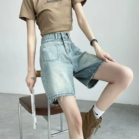 五分牛仔短裤女夏季薄款毛边高腰宽松显瘦设计感浅色潮ins5分中裤图片