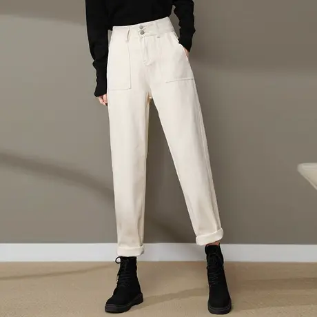 米白色高腰牛仔裤女2023新款春秋女裤宽松休闲裤老爹萝卜裤哈伦裤图片