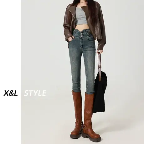 超厚加绒小脚牛仔裤子女秋冬季2023新款小个子美式显瘦紧身铅笔裤商品大图