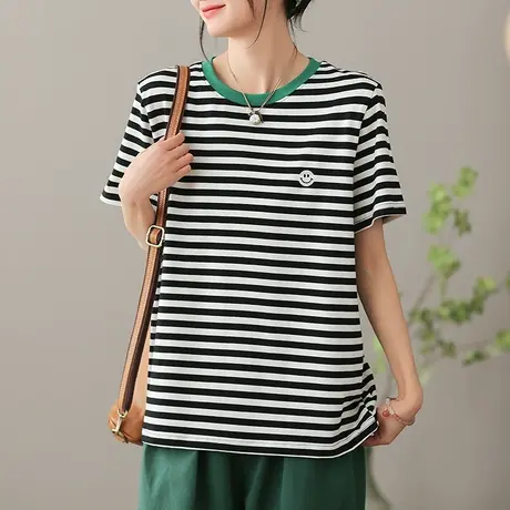 dza复古圆领条纹女士t恤夏季新款短袖体恤宽松打底衫休闲显瘦上衣商品大图