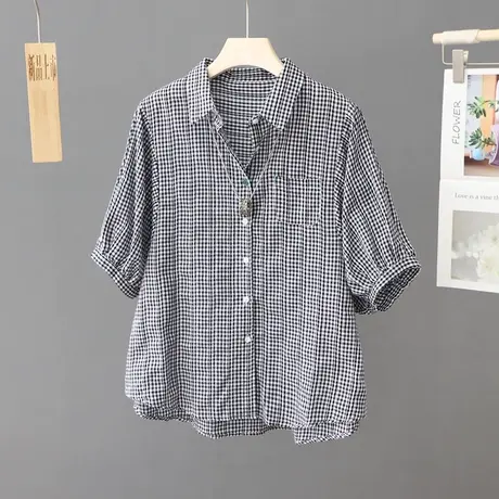 夏装新款2024年韩版细格子短袖衬衫女宽松百搭显瘦中袖衬衣薄小衫商品大图