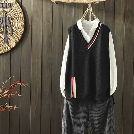 枫谜2019年秋冬新款文艺简约V领针织马甲毛衣女下摆开叉毛衣上衣商品大图