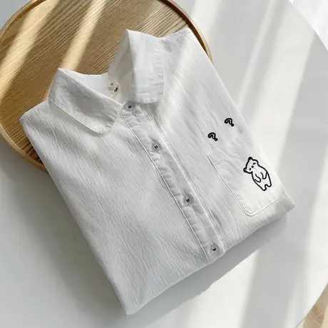 春秋季小清新刺绣加绒加厚白衬衫女长袖打底衬衣百搭纯棉打底生衣商品大图