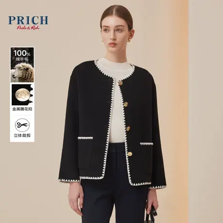 【100%绵羊毛】PRICH秋冬新款复古小香风通勤优雅毛呢外套女商品大图
