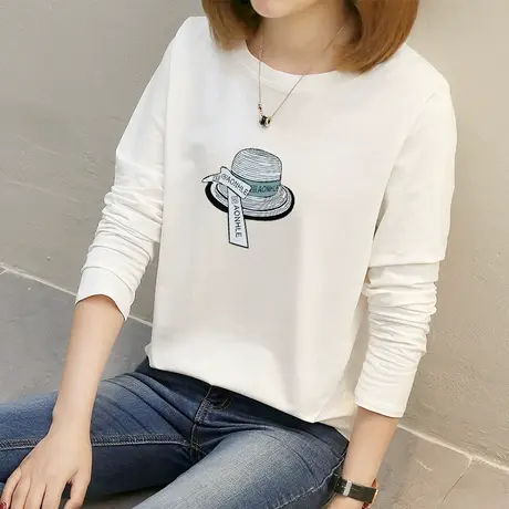 纯棉长袖t恤女2022春季新款宽松白色内搭打底衫圆领上衣服韩版潮图片