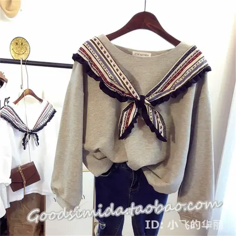 长袖t恤女早秋2020新款韩版ins潮复古名族风荷叶边宽松打底衫上衣商品大图