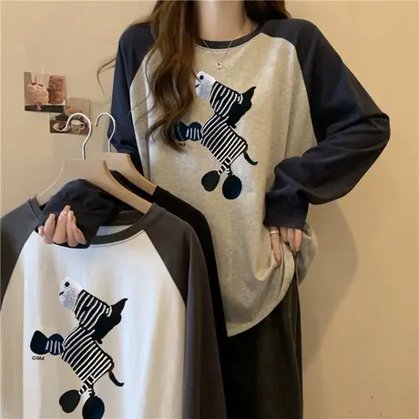 插肩袖T恤女春秋冬季韩版撞色宽松内搭打底衫德绒保暖长袖上衣服图片