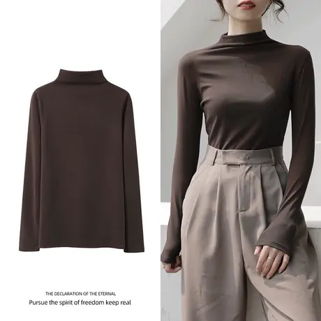 ins潮双面绒半高领加绒打底衫女冬保暖大码长袖磨毛德绒胖mm上衣商品大图