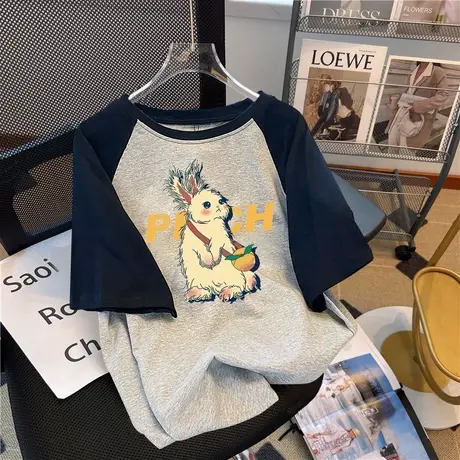 夏季拼接插肩袖t恤女oversize宽松大码纯棉短袖ins潮休闲显瘦上衣商品大图