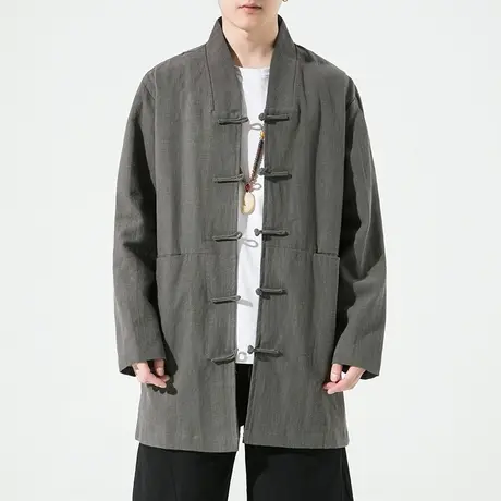 春季中国风男装盘扣复古中长款棉麻外套亚麻苎麻风衣宽松休闲上衣商品大图