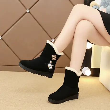 绒面中筒靴冬季2023新款厚底中跟雪地靴保暖加绒皮带扣马丁靴棉靴图片