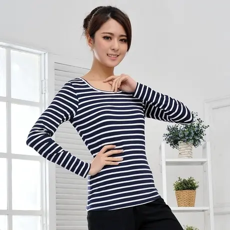 带胸罩的brat恤条纹长袖带胸垫内搭打底中年女土t恤居家服春秋商品大图