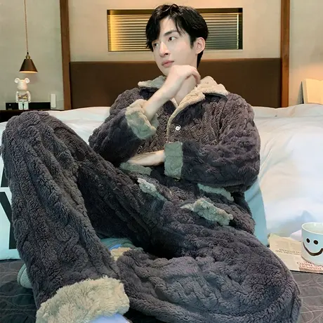 睡衣男珊瑚绒2023新款秋冬季加绒加厚法兰绒家居服男士秋冬款套装图片