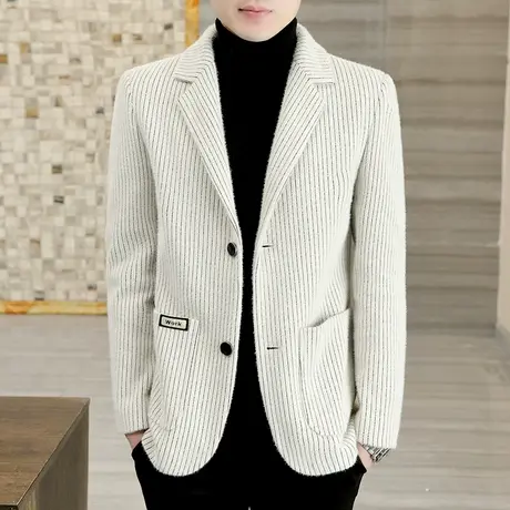 男士条纹西装外套短款大衣秋冬季高端金貂绒休闲男装呢子加厚西服商品大图