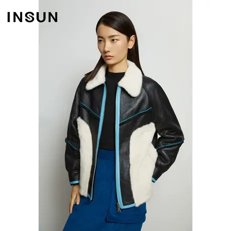 INSUN恩裳奥莱冬季撞色宽松毛领短款皮草外套图片