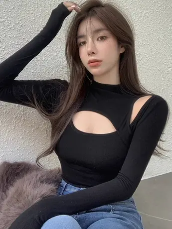 辣妹镂空半高领长袖T恤女德绒秋冬季新款修身显瘦纯欲风露肩上衣图片