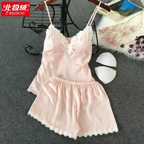 睡衣女夏季薄款性感冰丝绸吊带胸垫两件套网红爆款2021新款家居服商品大图