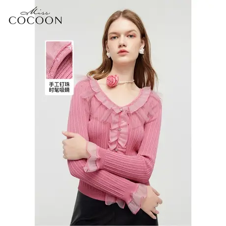 【秋上新】missCOCOON法式拼接上衣2023秋装新款女装荷叶边针织衫商品大图