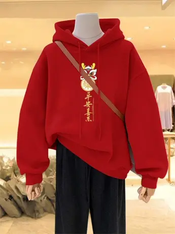 国风大红色本命龙年连帽卫衣女士2024年新年秋冬加绒加厚宽松上衣商品大图