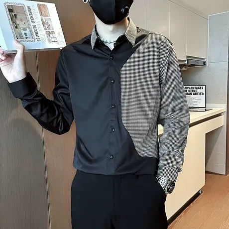 春秋季上衣拼接格子潮流休闲长袖衬衫个性夜店痞帅发型师修身衬衣商品大图