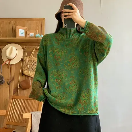 dza 复古高领拼接针织打底衫女秋冬内搭上衣宽松长袖棉线套头毛衣图片