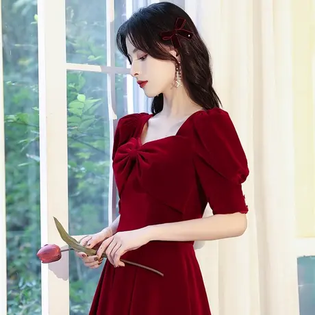 敬酒服新娘夏季酒红色结婚订婚回门小礼服连衣裙丝绒平时可穿法式图片
