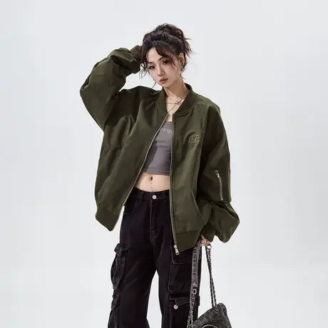 YEP美式街头风棒球服外套女2024春季新款复古飞行员夹克宽松上衣商品大图