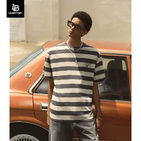 Lilbetter条纹T恤宽松圆领上衣刺绣半袖潮流衣服夏装新款体恤衫商品大图
