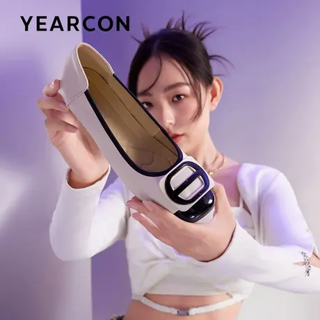 意尔康方扣浅口单鞋女2024新款春平底晚风鞋白色漆皮日常可穿鞋子商品大图