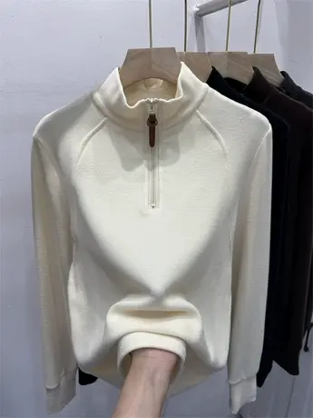 欧货2023年新款半拉链立领柔软双面德绒卫衣女秋冬加厚打底衫上衣商品大图