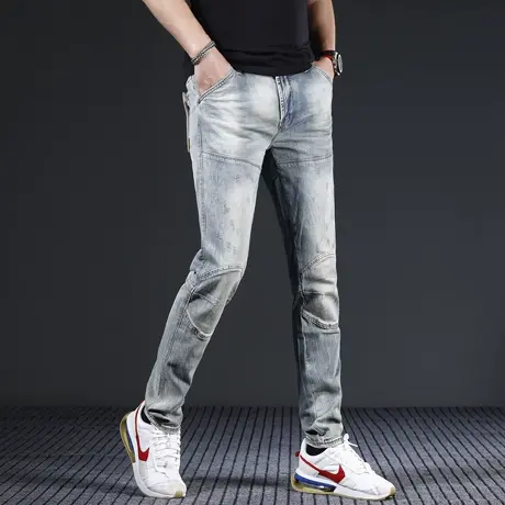 美式高街工装牛仔裤2024新款男修身小脚浅蓝水洗弹力男士裤子图片
