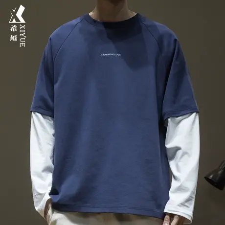 希越藏青色假两件长袖T恤男2024春季新款宽松大码男士圆领打底衫商品大图