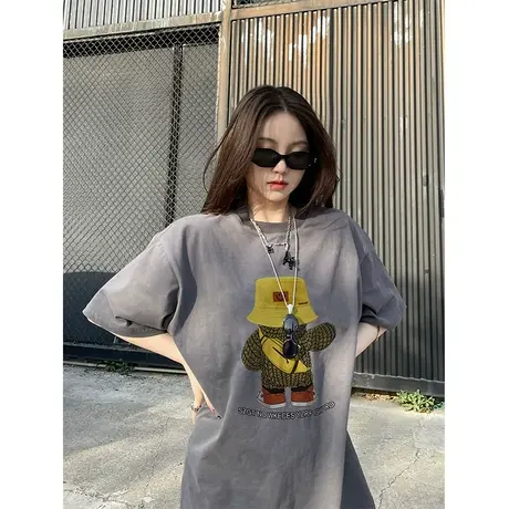 纯棉设计感美式复古短袖t恤女夏季新款小众宽松港味chic半袖上衣图片