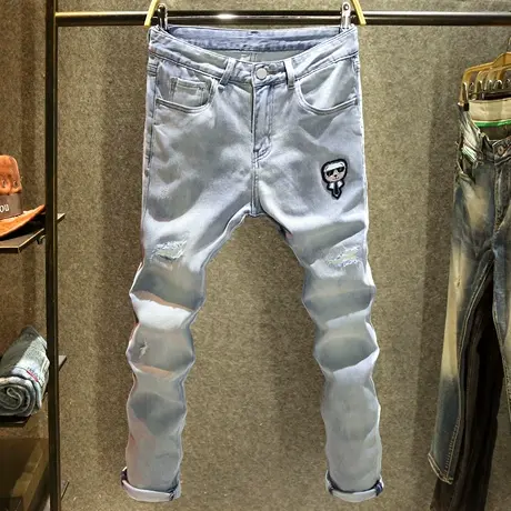 牛仔裤男春夏季浅蓝色修身小脚裤2024新款潮牌破洞帅气百搭裤子男商品大图