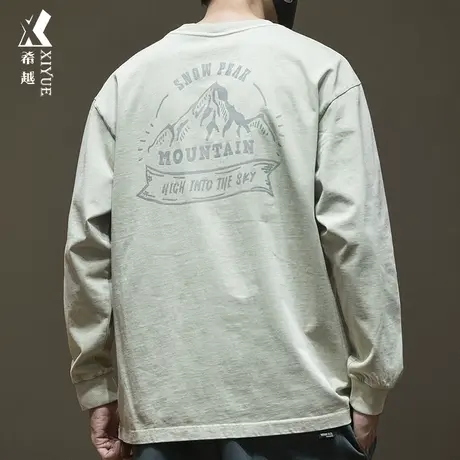 希越重磅260克炒雪花洗水长袖T恤男春季宽松大码男士休闲打底上衣图片