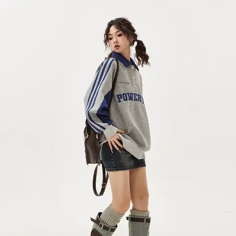 【好物体验专享】美式学院风拼接POLO领卫衣女春装运动条纹翻领商品大图