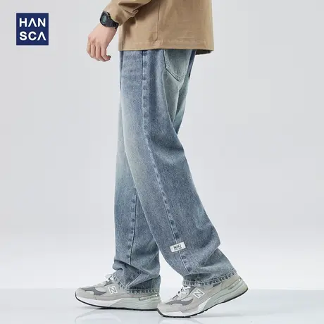 hansca牛仔裤男直筒宽松春季新款潮牌复古美式休闲蓝色水洗长裤子商品大图